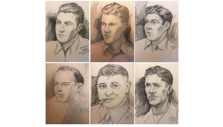 These sketches provided by Ira Dube of US Army 27th Infantry Division soldiers were among more than a dozen done by his father, Stan Dube, during World War II. Ira Dube, found them stashed in the attic of his sister’s home. Now Ira Dube is hoping to identify the men, so he has donated 15 sketches to the New York State Military Museum and Veterans Research Center in Saratoga Springs. (Stan Dube/Ira Dube via AP)