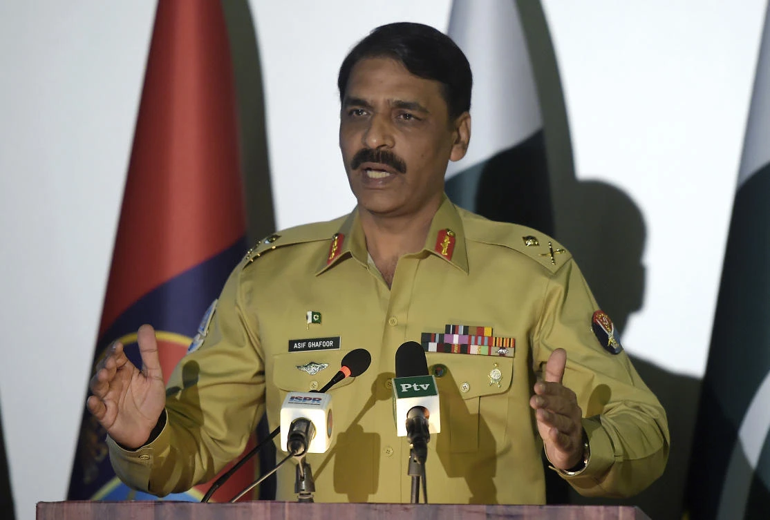 Pakistan's army spokesman Maj. Gen. Asif Ghafoor addresses a news conference, saying he wants Pakistan to continue cooperation with the US but will not "compromise on national interests and prestige." (AP)