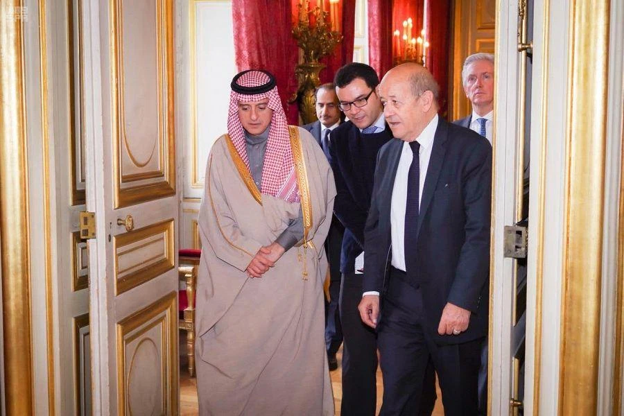 Saudi Minister of Foreign Affairs Adel bin Ahmed Al-Jubeir with French Foreign Minister Jean-Yves Le Drian in Paris today.(SPA)