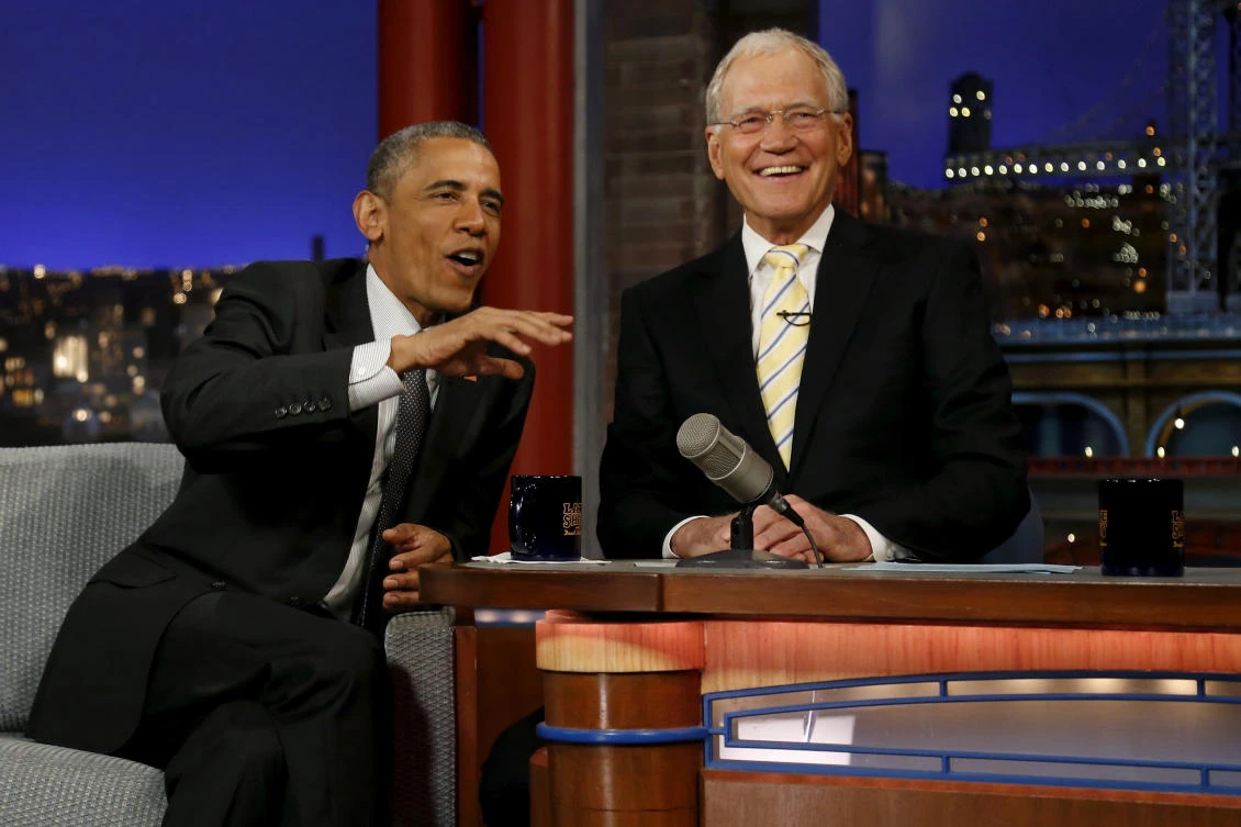 US President Barack Obama tapes an appearance on the Late Show with David Letterman at the Ed Sullivan Theater in New York, US, May 4, 2015. (Reuters)