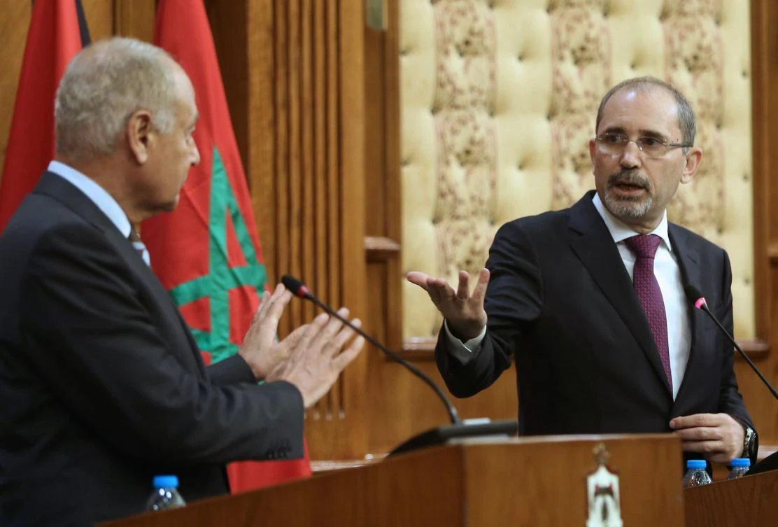 Jordanian Foreign Minister Ayman Safadi (R) speaks during a joint conference with Arab League Secretary-General Ahmed Aboul Gheit in the Jordanian capital Amman on January 6, 2018. The foreign ministers of six Arab countries met for talks on Jerusalem, after US President Donald Trump recognized the city as Israel’s capital. (AFP)