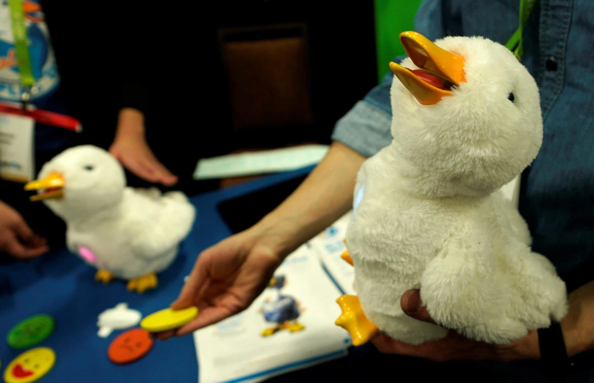 A robotic My Special Aflac Duck, for children facing cancers, is demonstrated at CES in Las Vegas, Nevada, US Jan. 7, 2018. (Reuters/Rick Wilking)