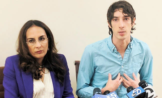 James Damore, right, a former Google engineer fired in 2017 after writing a memo about the biological differences between men and women, speaks at a news conference while his attorney, Harmeet Dhillon, listens, on Monday, in San Francisco. (AP)