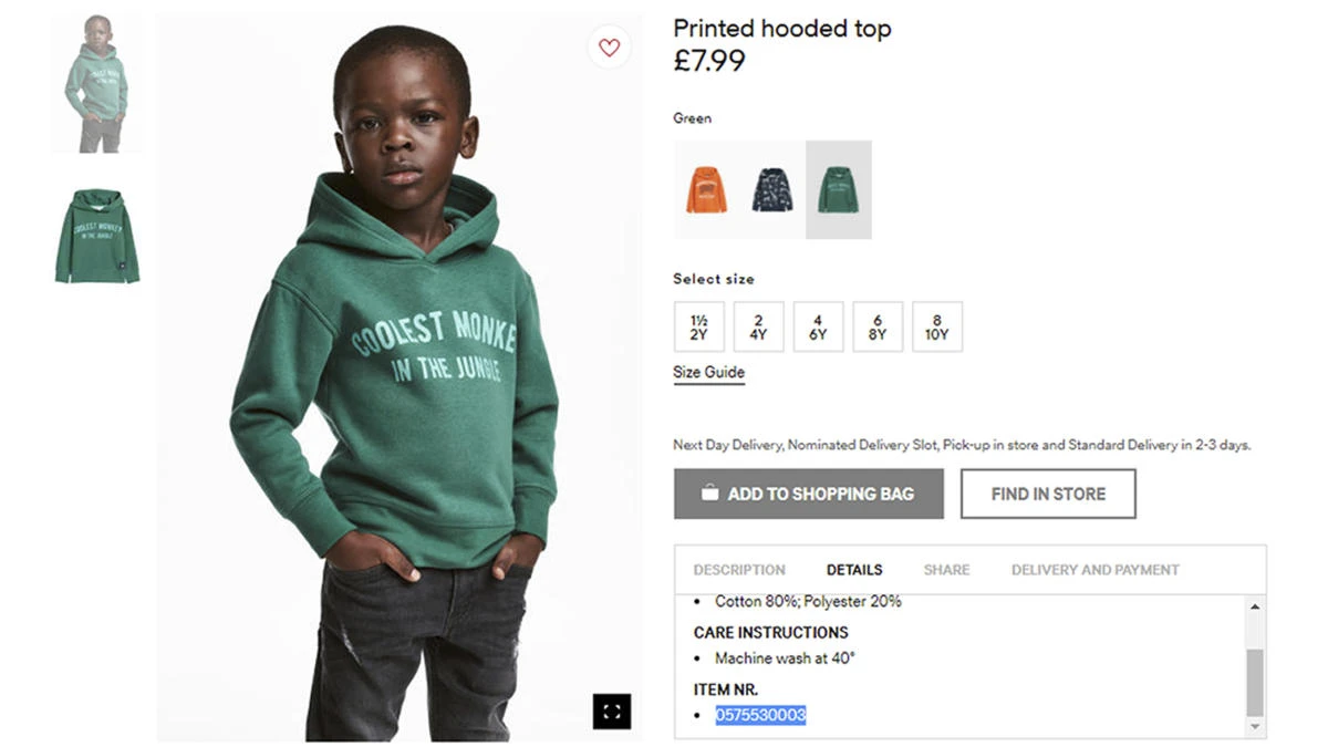 An advertising image of a black boy model in a sweatshirt with the words ‘Coolest monkey in the jungle.’ (AP)