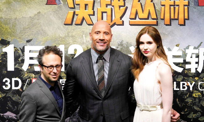 Actors pose during the promotion of their film ‘Jumanji’ in Beijing on Thursday. (Reuters)