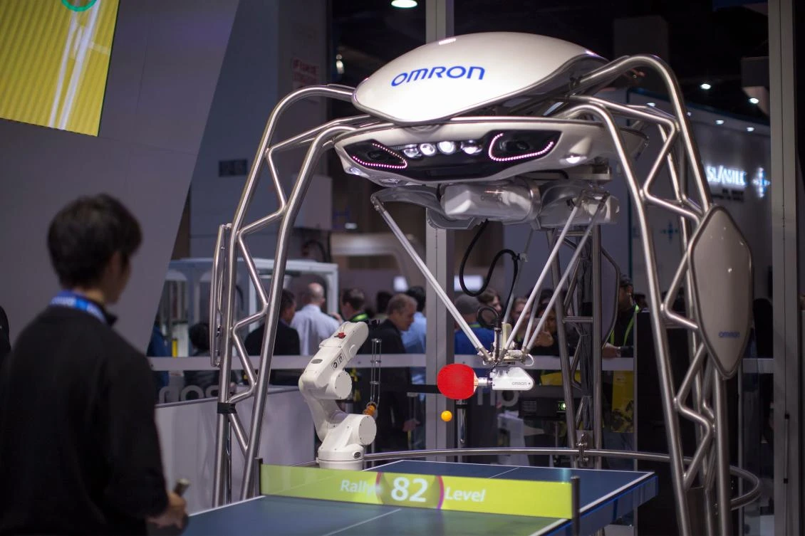 The Omron Forpheus robot plays table tennis against a human at the International Consumer Electronics Show in Las Vegas on January 10. The consumer show is featuring robots are now more humanlike by acquiring “emotional intelligence” and empathy. (AFP)