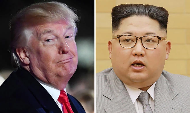 This combo shows a file photo, left, taken on Nov. 30 of US President Donald Trump smiling during the 95th annual National Christmas Tree Lighting ceremony in Washington, DC; and a file picture, right, of North Korean leader Kim Jong-Un delivering a New Year's speech at an undisclosed location. (AFP)