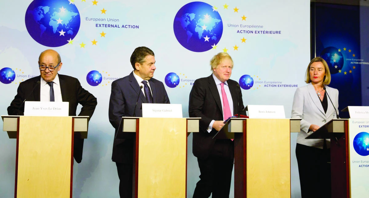 French Foreign Minister Jean-Yves Le Drian, his German counterpart Sigmar Gabriel, British Foreign Secretary Boris Johnson and EU foreign policy chief Federica Mogherini during a media conference after a meeting on Iran in Brussels on Thursday. (AP)
