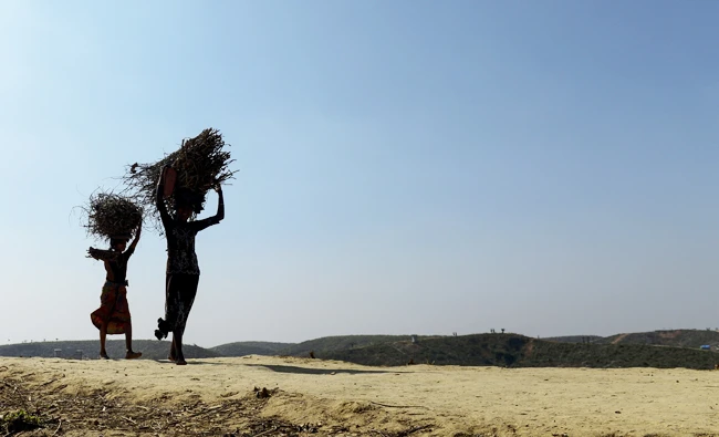 Rohingya refugee children carry wood at Kutupalong refugee camp in the Bangladeshi district of Ukhia, in this January 9, 2018 photo. (AFP)