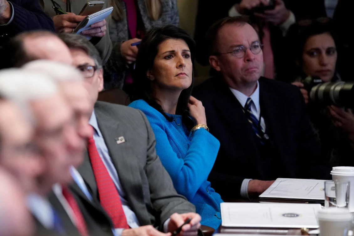 US Ambassador to the United Nations Nikki Haley and Office of Management and Budget (OMB) Director Mick Mulvaney listen as US President Donald Trump holds a cabinet meeting at the White House in Washington, US, January 10, 2018. (Reuters)