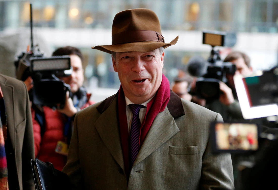 Brexit campaigner Nigel Farage arrives for a meeting with European Union’s chief Brexit negotiator Michel Barnier (unseen) at the EU Commission headquarters in Brussels, Belgium, Jan. 8, 2018. (Reuters/Francois Lenoir)