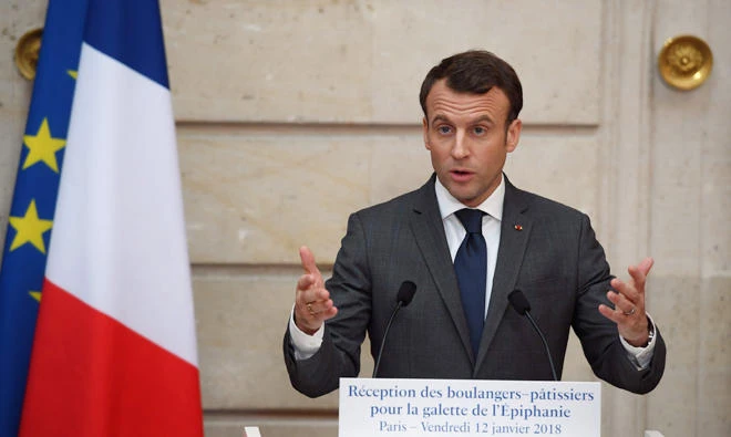 French President Emmanuel Macron speaks in Paris on Friday. (AFP)