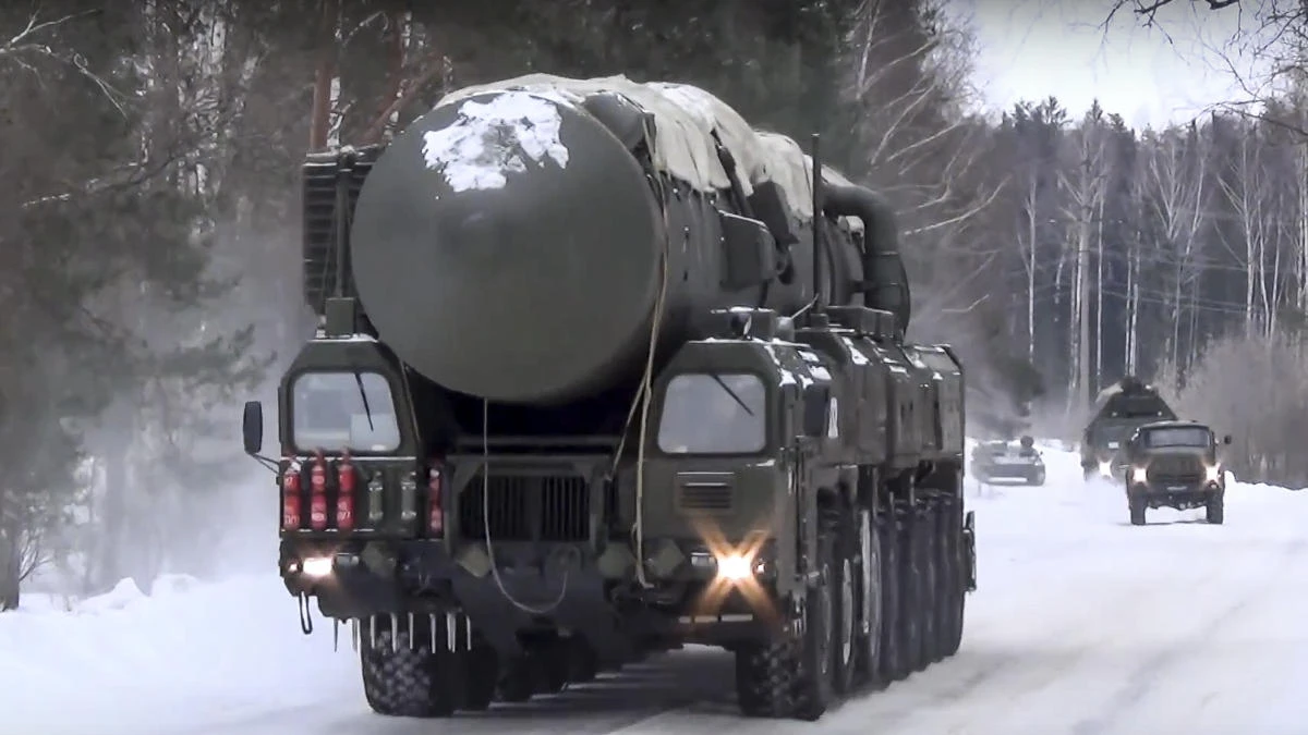 A Russian truck-mounted intercontinental ballistic missile takes part in military drills in Russia. The Russian Defense Ministry said the drills are held across a vast area from the Ivanovo region just northeast of Moscow to the Irkutsk region in eastern Siberia. (AP)