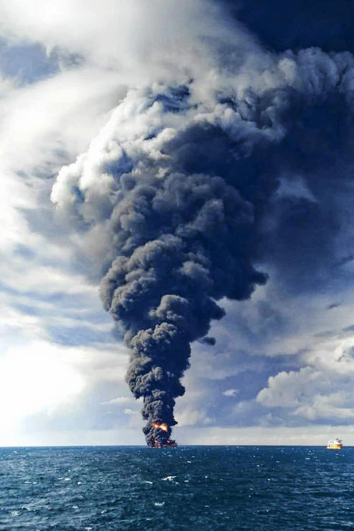 The Sanchi, carrying 136,000 tons of light crude oil from Iran, went under on Sunday after a new and massive fire erupted, sending a cloud of black smoke as high as one kilometer above the East China Sea. Concerns remain about possible major pollution to the sea bed and surrounding waters. (AP)