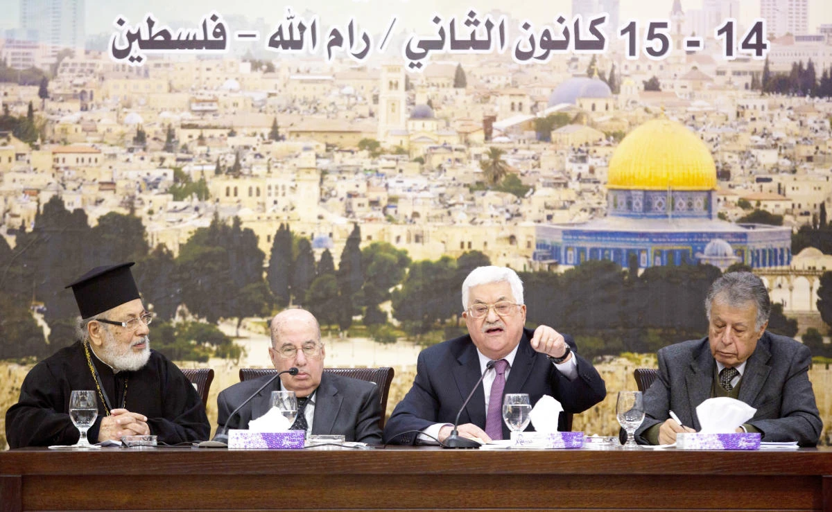 Palestinian President Mahmoud Abbas speaks during a meeting in the West Bank city of Ramallah on Sunday. (AFP)