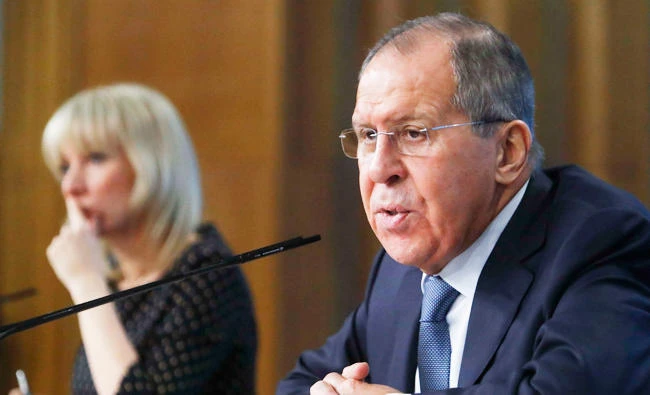 Russian Foreign Minister Sergei Lavrov speaks during his annual news conference, with Foreign Ministry spokeswoman Maria Zakharova seen in the background, in Moscow, Russia on Monday. (REUTERS)