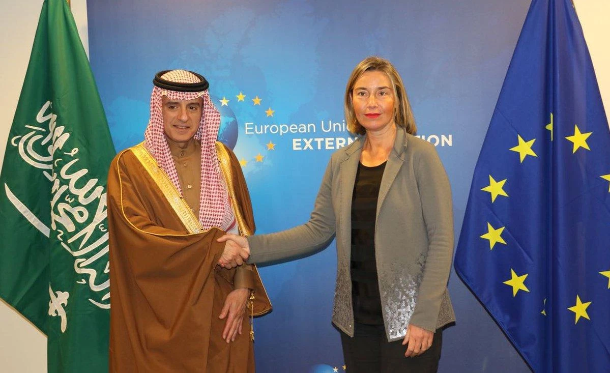 Saudi Foreign Minister Adel Al-Jubeir meets with EU High Representative for Foreign Affairs and Security Policy Federica Mogherini. (SPA)