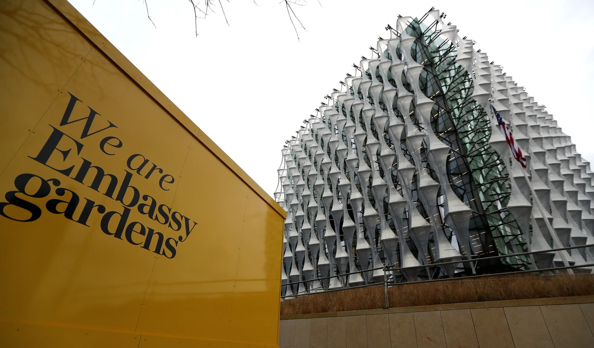 The new building, with its distinctive cube shape, is nearly twice as large as the Grosvenor Square facility and is the single most expensive embassy building ever built by the US. (AFP)