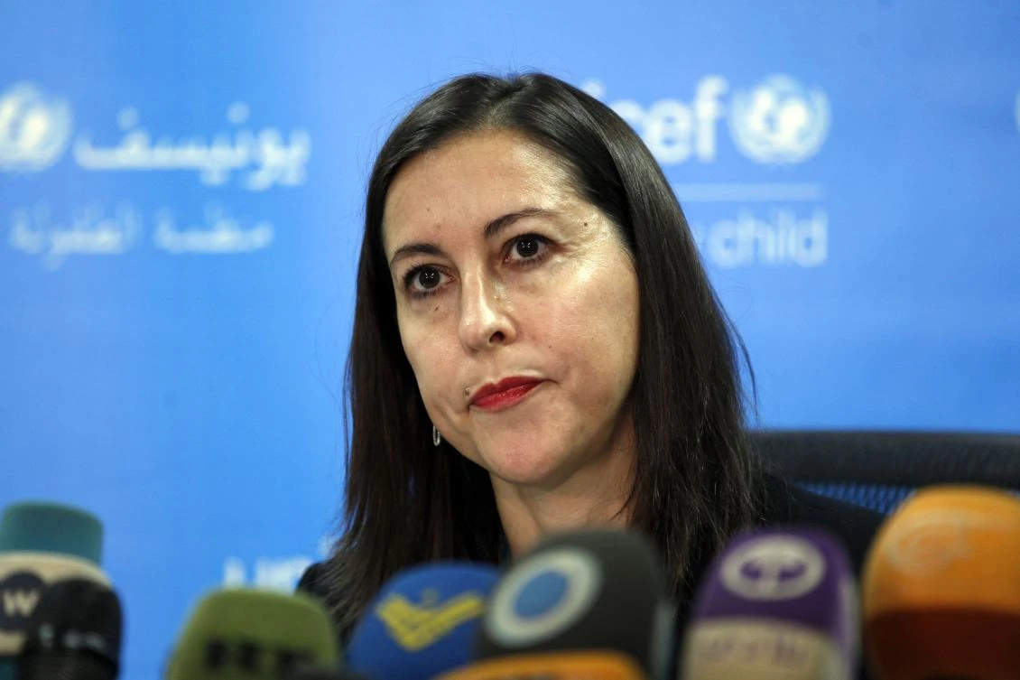UNICEF's representative in Yemen, Meritxell Relano, looks on during a press conference in the Yemeni capital Sana'a, on January 16, 2018. (AFP)