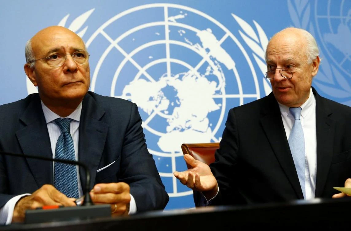 Ramzy Ezzeldin Ramzy, left, pictured at a news conference ahead of Syria talks at the UN in Geneva, Switzerland, in May 2017. (Reuters)