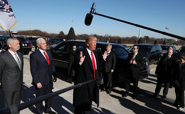 US President Donald Trump speaks to the media after arriving for a meeting at the Pentagon on January 18, 2018 in Arlington, Virginia. (Mark Wilson/Getty Images/AFP)