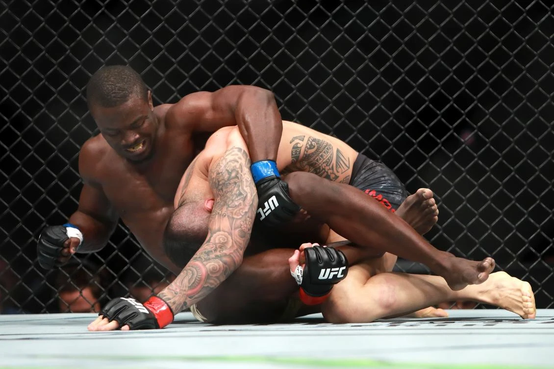 Abdul Razak Alhassan grapples with Sabah Homasi in their Welterweight fight during UFC 220 at TD Garden on January 20, 2018 in Boston, Massachusetts. (AFP)