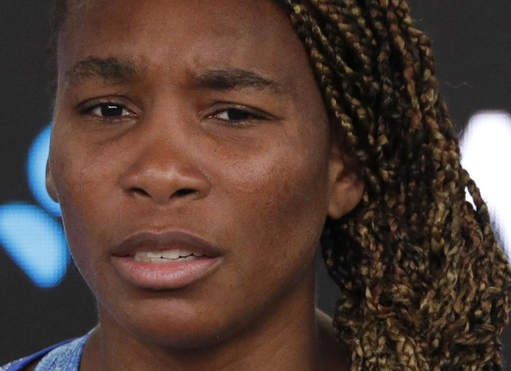 Venus Williams of the US reacts during a news conference after losing her match. (REUTERS)
