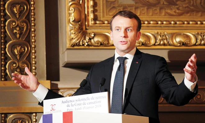 In this Monday file photo, French president Emmanuel Macron delivers his speech during a ceremony at The Cour de Cassation, France's highest judicial court, at the Paris courthouse, in Paris. Macron told the BBC in an interview broadcast Sunday he shared the outrage of many African countries in response to President Donald Trump's disparaging comments about the continent. (AP)