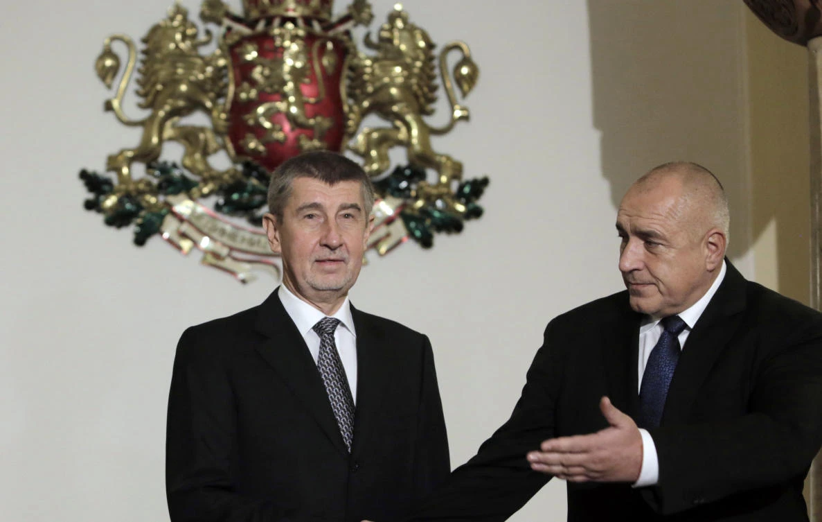 Bulgaria Prime Minister Boyko Borissov, right, welcomes Czech Republic Prime Minister Andrej Babis prior to their meeting in Sofia, Bulgaria, Monday, Jan. 22, 2018. (AP Photo/Valentina Petrova)
