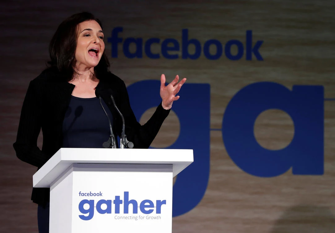 Sheryl Sandberg, Facebook’s chief operating officer, addresses the Facebook Gather conference in Brussels, Belgium, January 23, 2018. (Reuters)