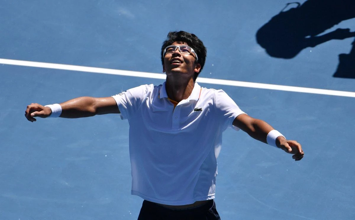 Chung Hyeon celebrates beating Tennys Sandgren in their men's singles quarterfinals match (AFP)