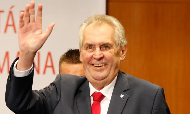 The pro-Russian Incumbent Milos Zeman greets supporters while claiming victory in the Czech presidential election in Prague, Czech Republic, on Jan. 27, 2018. (AP)