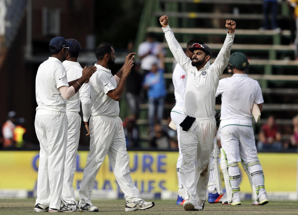 India's captain Virat Kohli, celebrates after winning the match on the fourth day of the third cricket test match between South Africa and India at the Wanderers Stadium in Johannesburg, South Africa, Saturday, Jan. 27, 2018. India beat South Africa by won 63 runs. (AP Photo/Themba Hadebe)