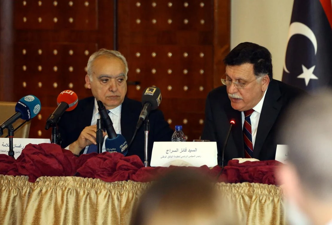 UN special representative and head of the UN support mission in Libya (UNSMIL) Ghassan Salame (L) and Libya's unity government Prime Minister Fayez al-Sarraj (R) attend an event to announce the official launch of the 2018 Libya Humanitarian Response Plan. (AFP)