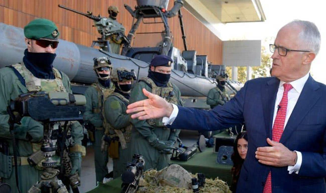 Above, Australian Prime Minister Malcolm Turnbull the Army’s Holsworthy Barracks in western Sydney. Australia’s annual defense budget was worth A$34.6 billion this year. (Reuters)