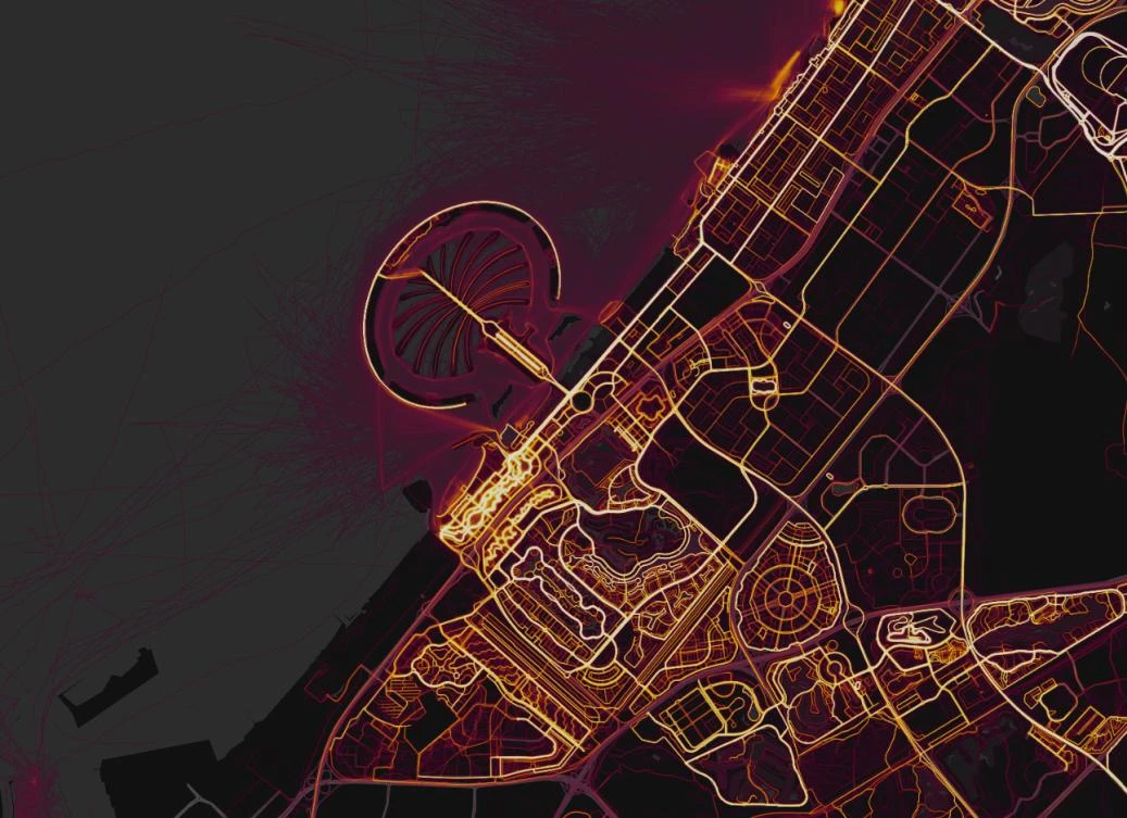 Bagram Air Base and Dubai's The Palm island as seen on Strava's heatmap (screenshots)