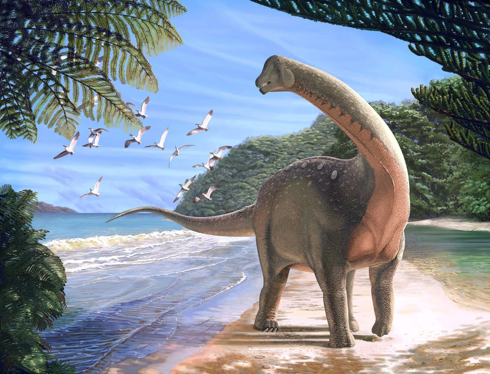 Artist's life reconstruction of the titanosaurian dinosaur Mansourasaurus shahinae on a coastline in what is now the Western Desert of Egypt approximately 80 million years ago. (Reuters)