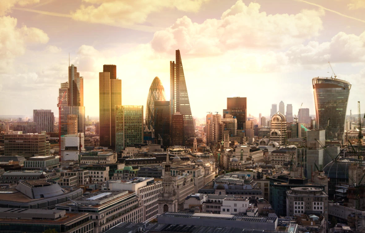 A view of London's business district at sunset. (Shutterstock)