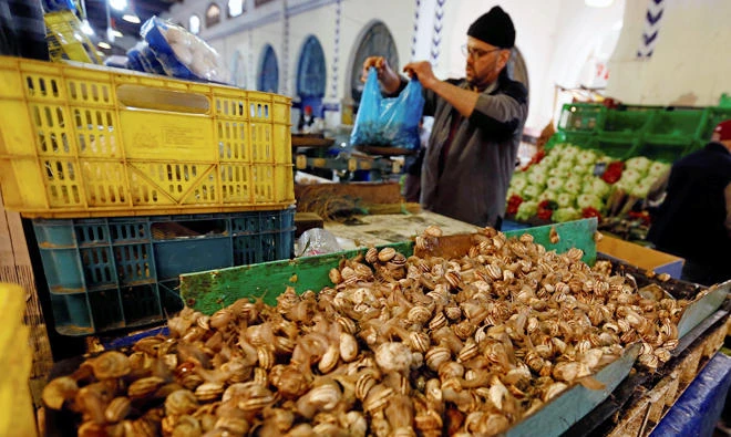 A vendor displays snails at a market in downtown Tunis, Tunisia. (Reuters)