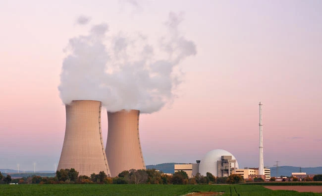 Nuclear power plant at twilight in Grohnde near Hameln in Lower Saxony.