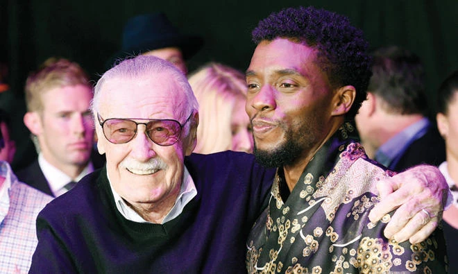Chadwick Boseman with comic book artist Stan Lee, left, creator of the ‘Black Panther’ superhero character. (AP)
