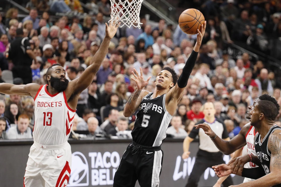 San Antonio Spurs point guard Dejounte Murray, right, shoots the ball past Houston Rockets’ James Harden during the first half at AT&T Center. The Rockets handed the Antonio Spurs a rare home NBA defeat, 102-91. (USA TODAY Sports)