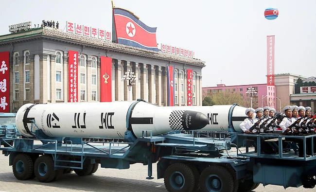 In this April 15, 2017, file photo, a submarine missile is paraded across Kim Il Sung Square during a military parade in Pyongyang, North Korea. (AP)
