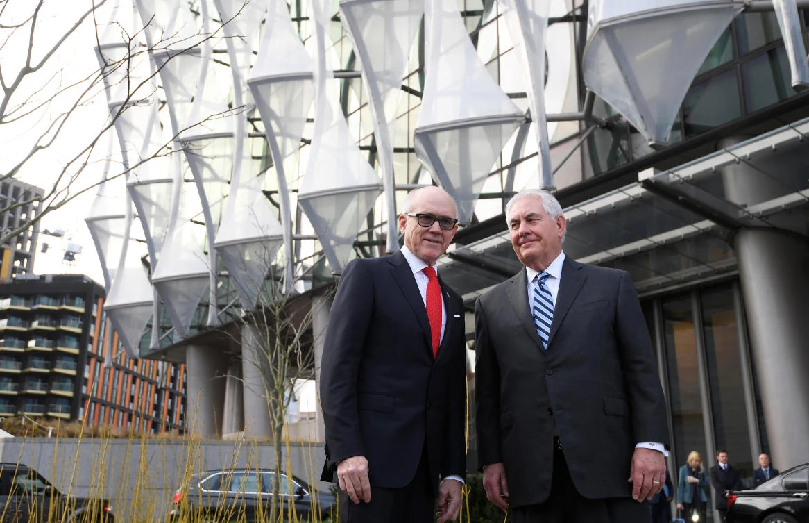 US Secretary of State Rex Tillerson (R) and US Ambassador to Britain Woody Johnson stand outside the new US Embassy in London. (AFP)