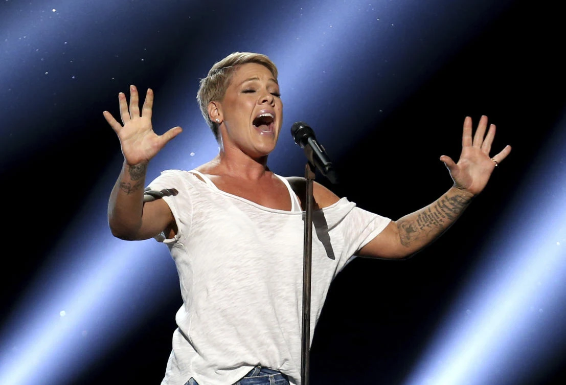 In this Jan. 28, 2018, file photo, Pink performs “Wild Hearts Can’t Be Broken” at the 60th annual Grammy Awards at Madison Square Garden in New York. (AP)