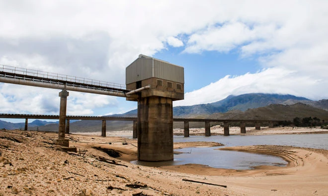 Cape Town's main water supply from the Theewaterskloof dam outside Grabouw, Cape Town, South Africa. A harsh drought may force South Africa's showcase city of Cape Town to turn off most of its taps, as the day that city runs out of water, ominously known as "Day Zero", moves ever closer for the nearly 4 million residents. (AP)