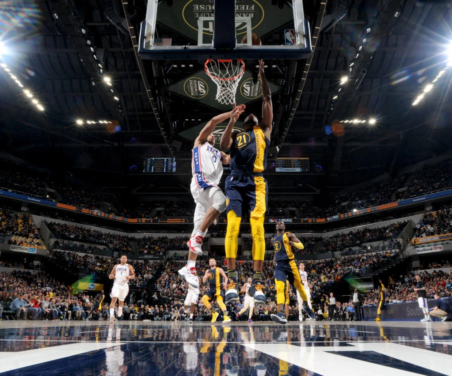 Thaddeus Young #21 of the Indiana Pacers goes to the basket against the Philadelphia 76ers on February 3, 2018 at Bankers Life Fieldhouse in Indianapolis, Indiana. (Copyright 2018 NBAE Ron Hoskins/NBAE via Getty Images/AFP)