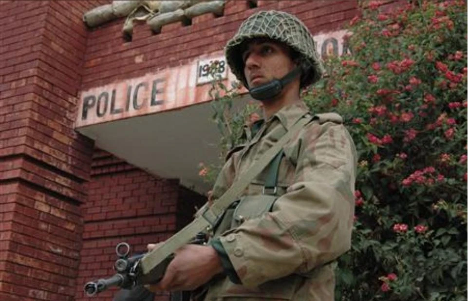 A soldier stands outside a police station after a suicide attack in Swat valley of northwestern Pakistan. (REUTERS)