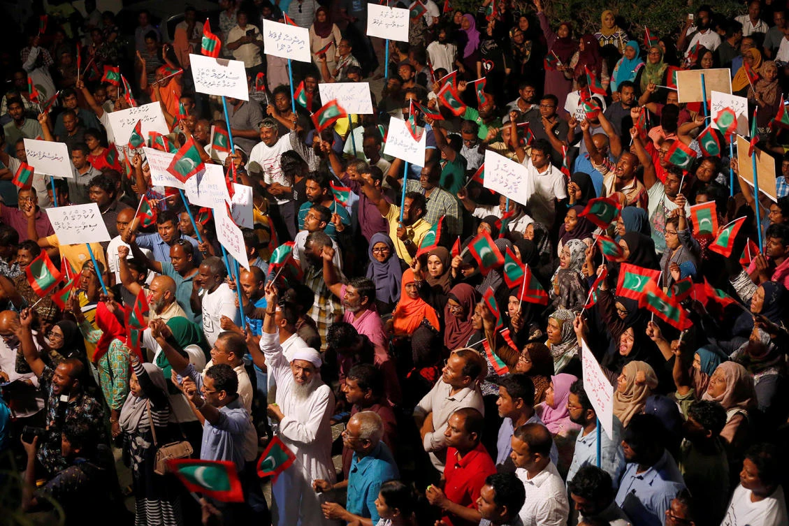 Opposition supporters protest against the government's delay in releasing their jailed leaders, including former Maldives resident Mohamed Nasheed, despite a Supreme Court order, in Male on February 4. (Reuters)
