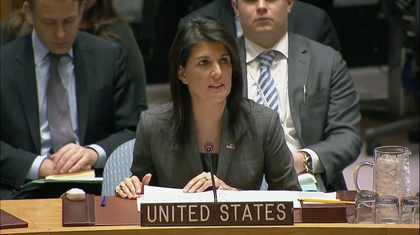US Ambassador Nikki Haley speaking at the United Nations Security Council meeting on Monday, February 5, 2018. (video grab)